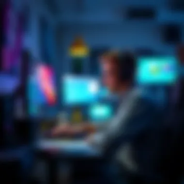 A playtester sits at a desk, focusing on a computer screen while typing feedback about a game. The room is filled with gaming equipment and notes.