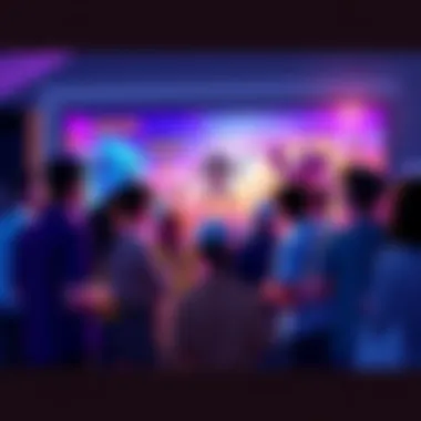 A vibrant scene depicting a diverse group of people excitedly discussing the new auto battle monster collector game, with game screenshots displayed on a digital screen in the background.