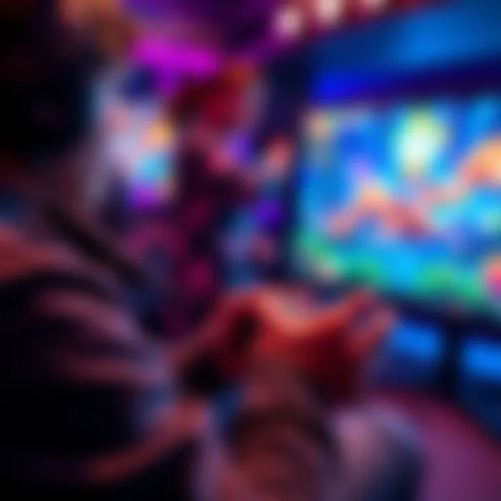 A gamer holding a controller, immersed in fast-paced action of a new roguelike ARPG game, with colorful graphics on the screen