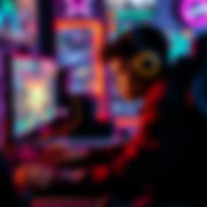A dedicated playtester in a gaming setup, intensely focused while speedrunning a video game, showcasing innovative strategies on the screen.