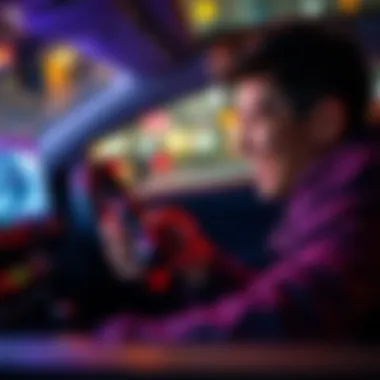 A person enjoying playtesting a car controller, focused on the screen with a playful expression