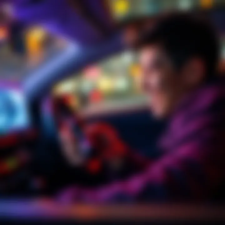 A person enjoying playtesting a car controller, focused on the screen with a playful expression