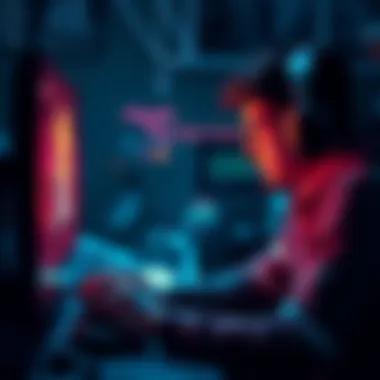 A gamer sitting in front of a computer, focused on playing the Metal Ghost Shell demo for 30 minutes while providing feedback.