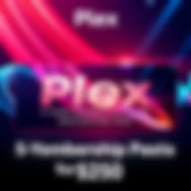 A promotional graphic showcasing the Plex 5-year membership pass for $250, featuring a bold design emphasizing unlimited streaming access.
