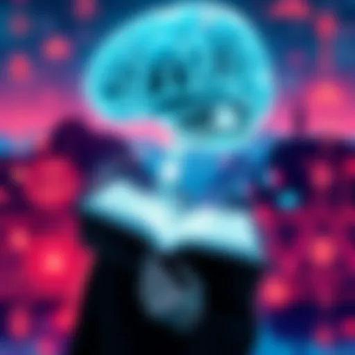 A person reading a poem about artificial intelligence with a backdrop of technology symbols and society's landscapes