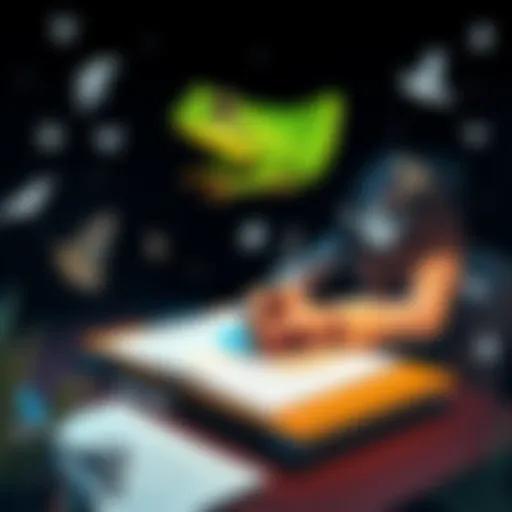 A person sits at a desk with paper and pen, focused on writing a poem about a frog, surrounded by nature illustrations