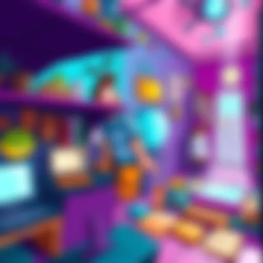 Point and Click Game Illustration A colorful scene from a point and click game featuring a character exploring a vibrant environment with interactive objects.