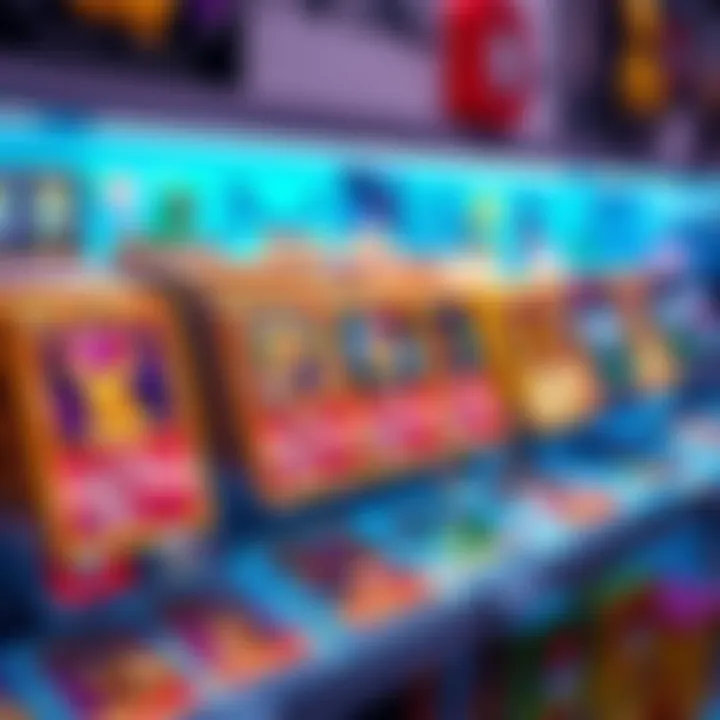 A collection of popular Pokémon trading cards arranged neatly on a store shelf, attracting attention from shoppers.