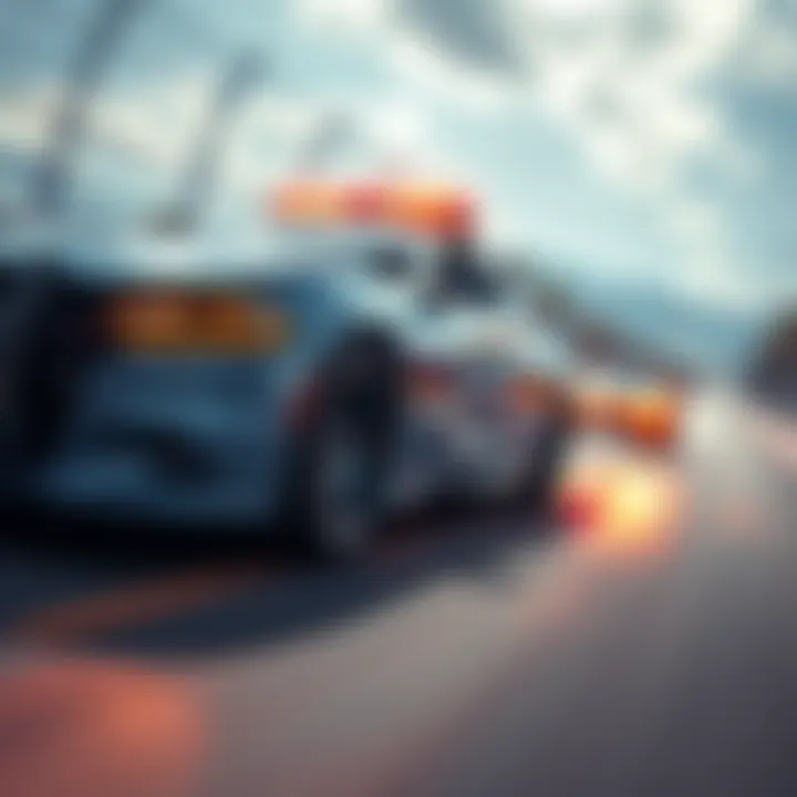 Police chase in a racing game A thrilling scene of a police car chasing a race car on a dynamic racing track, showcasing the intensity of a high-speed pursuit.