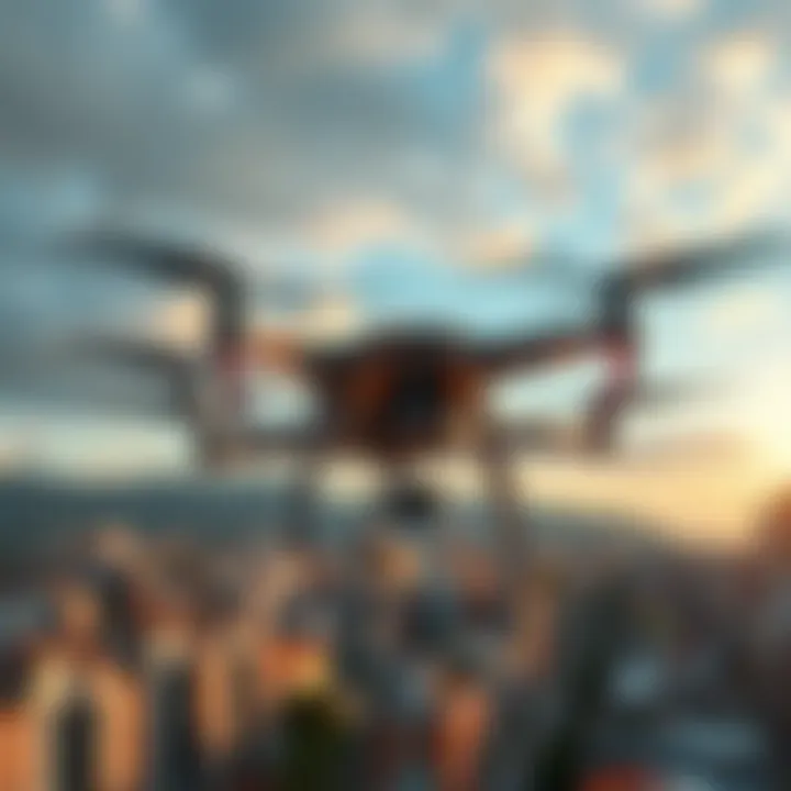 A police drone flying above a city area, monitoring for prohibited activities like alcohol use in restricted zones.
