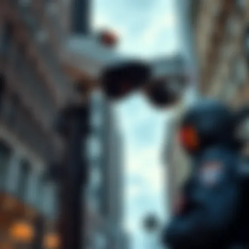 A police officer examining a Flock camera mounted on a pole in a city setting, representing enhanced surveillance.