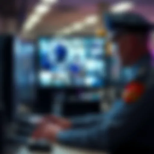 A police officer looking at a computer screen with camera footage, discussing surveillance protocols.