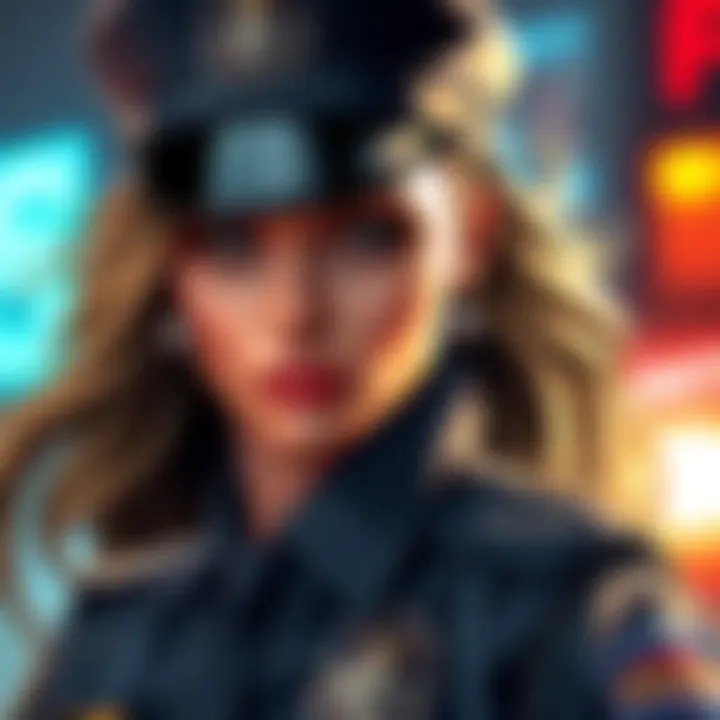 A pin-up style illustration of a police officer in a stylish pose, blending law enforcement themes with bold visuals, showcasing authority and allure.