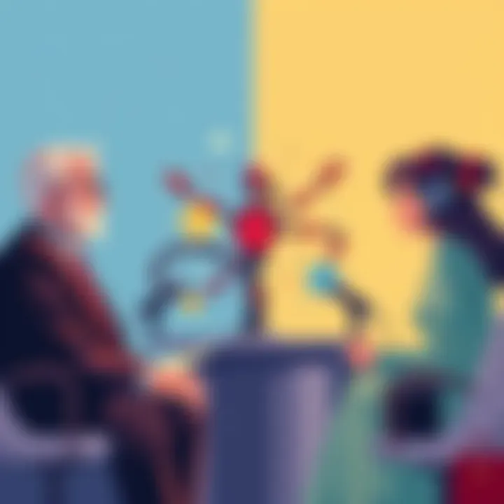 Political Divide on AI Support Illustration showing two groups of people debating AI, one group representing conservatives and the other representing progressives, with contrasting symbols representing their views.