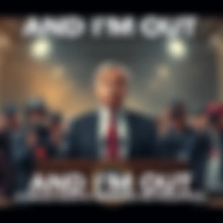 A key political figure stands at a podium with a serious expression, announcing their unexpected departure, surrounded by flashing cameras and concerned onlookers.