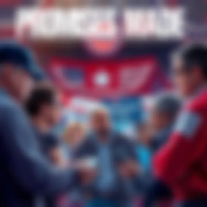 A group of diverse citizens discussing political issues, with a backdrop of campaign posters and flags, reflecting the impact of political promises on their lives.