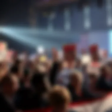 A diverse crowd at a political rally, showing mixed reactions and holding signs that express their opinions