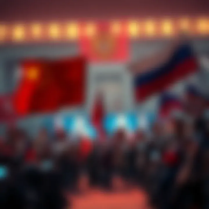 Flags of China and Russia with a backdrop of anti-AI protest signs