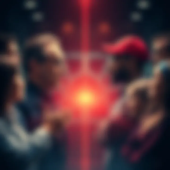 A split image showing a group of people discussing artificial intelligence with one side representing conservatives and the other side showing a diverse group of supporters, emphasizing the divide in perspectives.