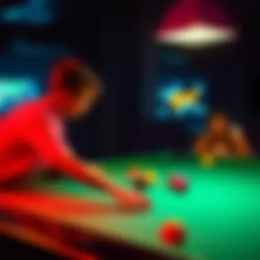 Players engaging in a lively pool game enhanced by AI-generated music, creating a vibrant atmosphere