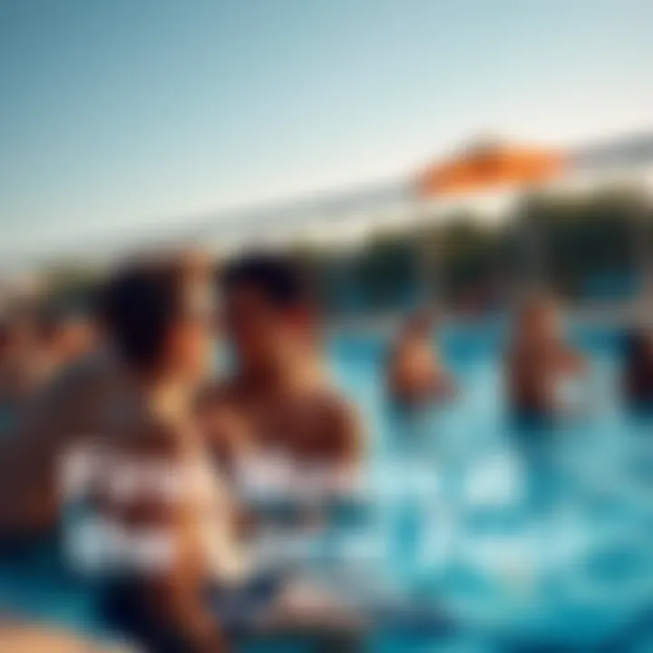 A group of people relaxing by the pool, with one person making eye contact with someone across the water, creating a playful atmosphere.