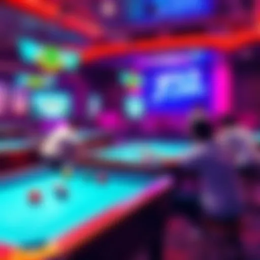 A vibrant gaming scene showing players enjoying Pool Room Level 7.2 with new features and enhancements