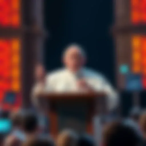 Pope Francis at a podium addressing a crowd about the need for controlling artificial intelligence