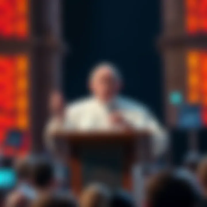 Pope Francis at a podium addressing a crowd about the need for controlling artificial intelligence