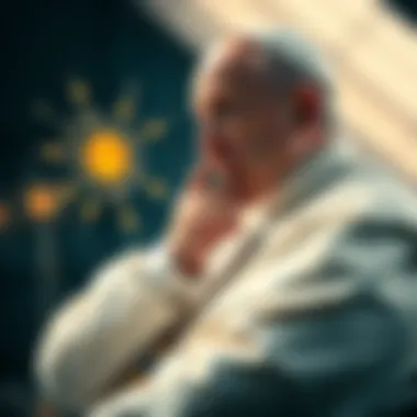 The Pope sitting in deep thought with modern technology symbols around him