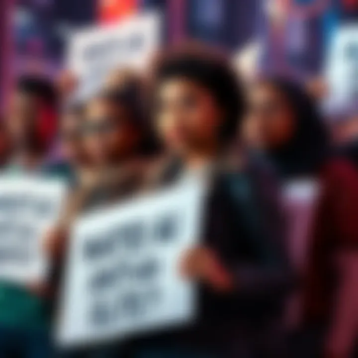 A group of diverse individuals holding signs against AI technology, showing their determination to influence tech policies.