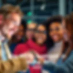 A group of diverse people smiling and interacting with AI technology, showcasing positive feelings about artificial intelligence.