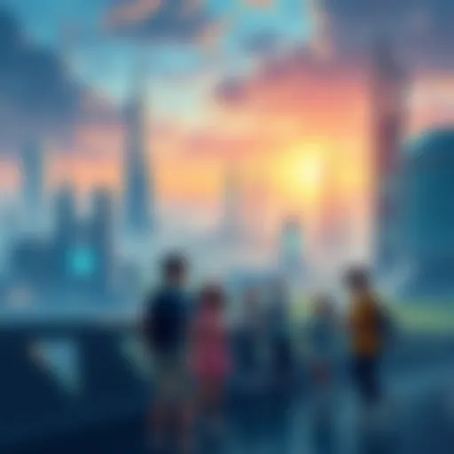 Illustration of a futuristic city with advanced technology, abundant resources, and happy people enjoying life together.