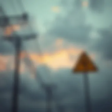 Power lines against a cloudy sky with a warning sign about potential blackouts