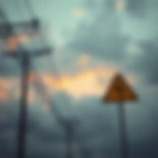Power lines against a cloudy sky with a warning sign about potential blackouts