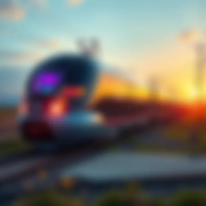 A futuristic train design demonstrating the Powerglide rail system on a test track, showcasing innovative rail technology