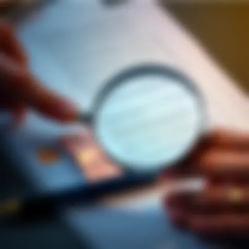 Close-up of a person reviewing patent documents with a magnifying glass, highlighting errors in claims and translations.