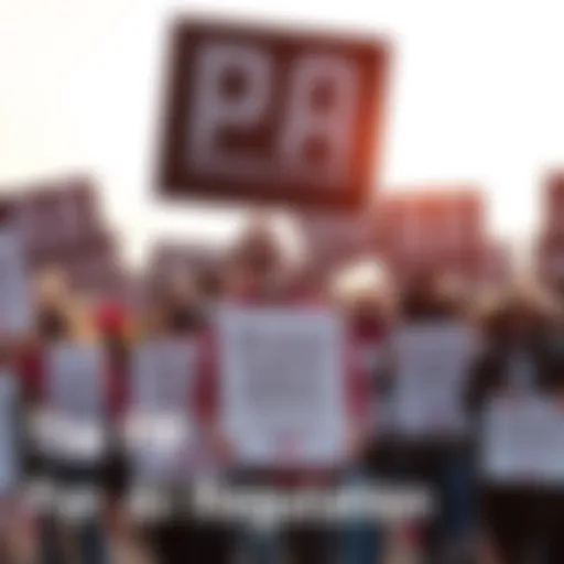 A group of individuals holding signs advocating for stricter AI regulations, with banners showing support from influential supporters
