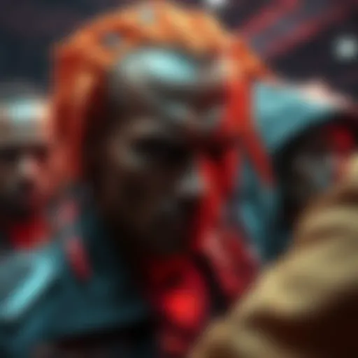 A man with orange hair displays intense emotion while others listen closely in a dramatic setting