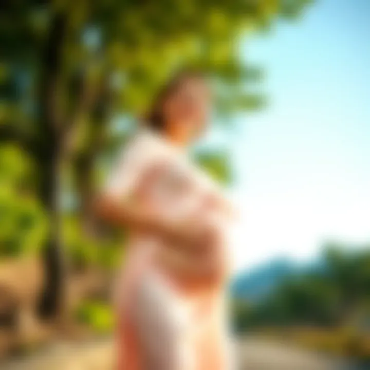 A pregnant woman standing outdoors, smiling and holding her belly, with trees in the background