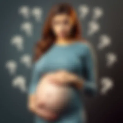 A pregnant woman looking confused while holding her belly, surrounded by question marks, representing uncertainty about pregnancy issues.