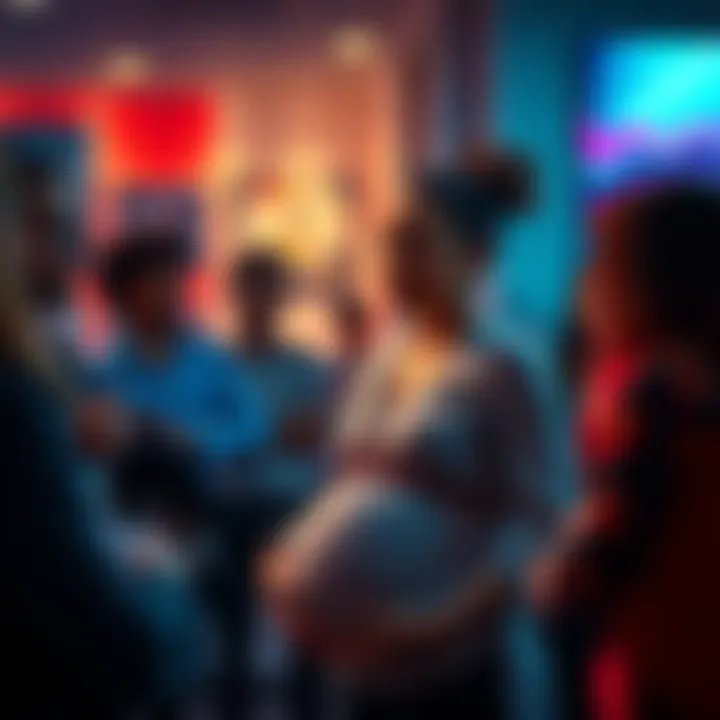 A pregnant woman engaged in conversation with a group, sharing thoughts on pregnancy questions.