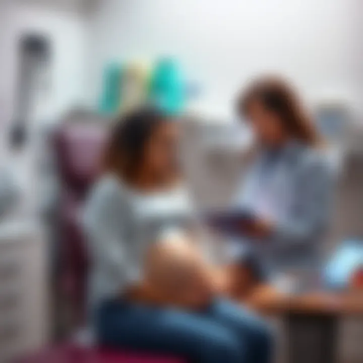 A 21-year-old pregnant woman is sitting on an examination table in a doctor's office, looking at her attractive female doctor with a smile. The doctor is wearing a white coat and holding a clipboard, ...