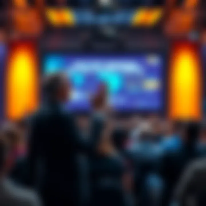 A speaker engaging an audience with a presentation, using visual aids and gestures to emphasize key points.