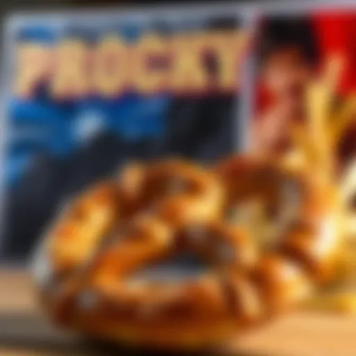 A delicious pretzel in the foreground with a classic Rocky movie poster in the background, symbolizing the connection between the snack and the film.