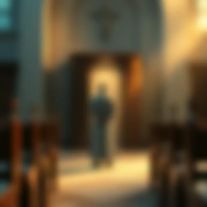 A priest standing in front of a confessional booth in a church, with soft lighting and a serene atmosphere