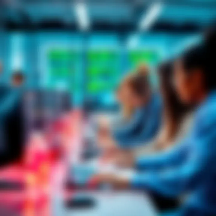 A team of diverse people collaborating on open-source projects with computers and tech tools in a modern lab setting