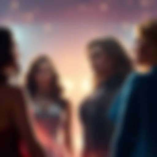 Prince Ethan stands between two women, both looking at him with hopeful expressions as they await his decision in a romantic setting.