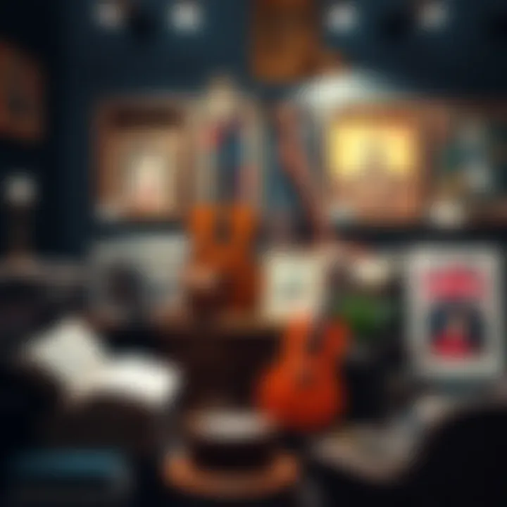 A display of the prince's favorite hobbies and cherished possessions including books, musical instruments, and artwork.