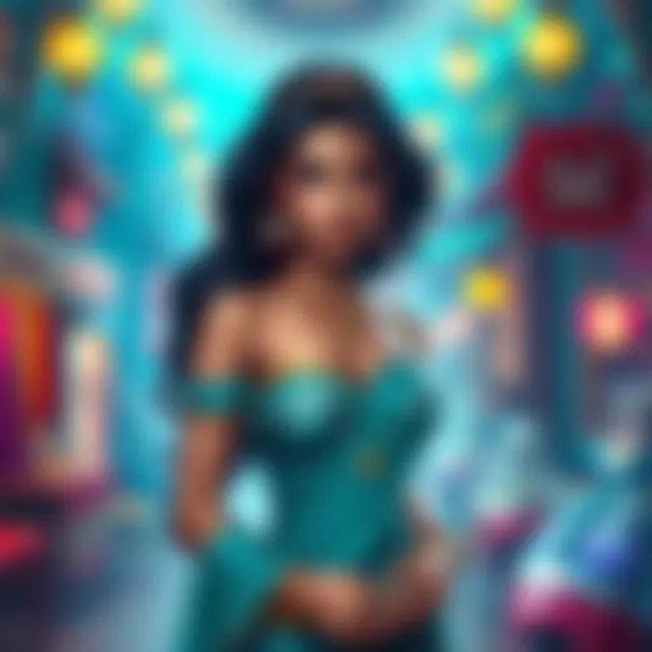 Princess Jasmine with a modern twist, showcasing her strong character and mature themes, set against a vibrant backdrop of an enchanted marketplace