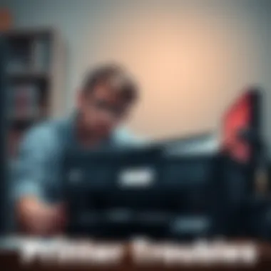 A friend looking frustrated at a broken printer while examining the device for issues.